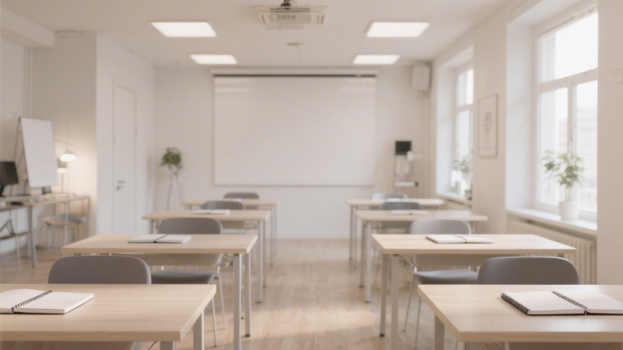 Bright learning studio with simple desks, notebooks, and soft lighting, representing a calm environment for structured entrepreneur education and personal development.
