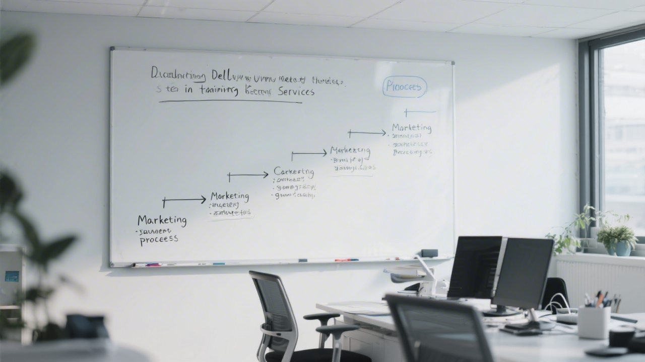 Professional workspace with a whiteboard outlining a step-by-step marketing process, showing the structured delivery method used in training services.