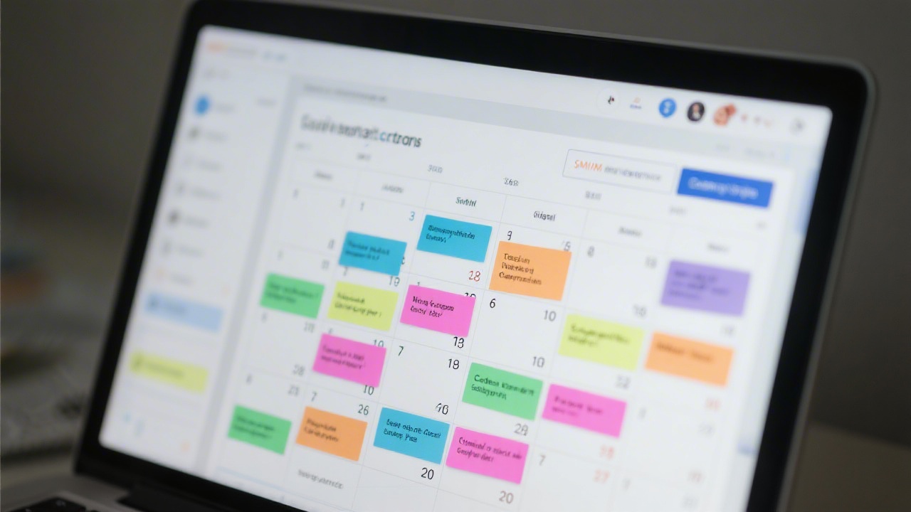 Close view of a social media content calendar on a laptop screen with colour-coded posts and notes, indicating a practical SMM planning service.