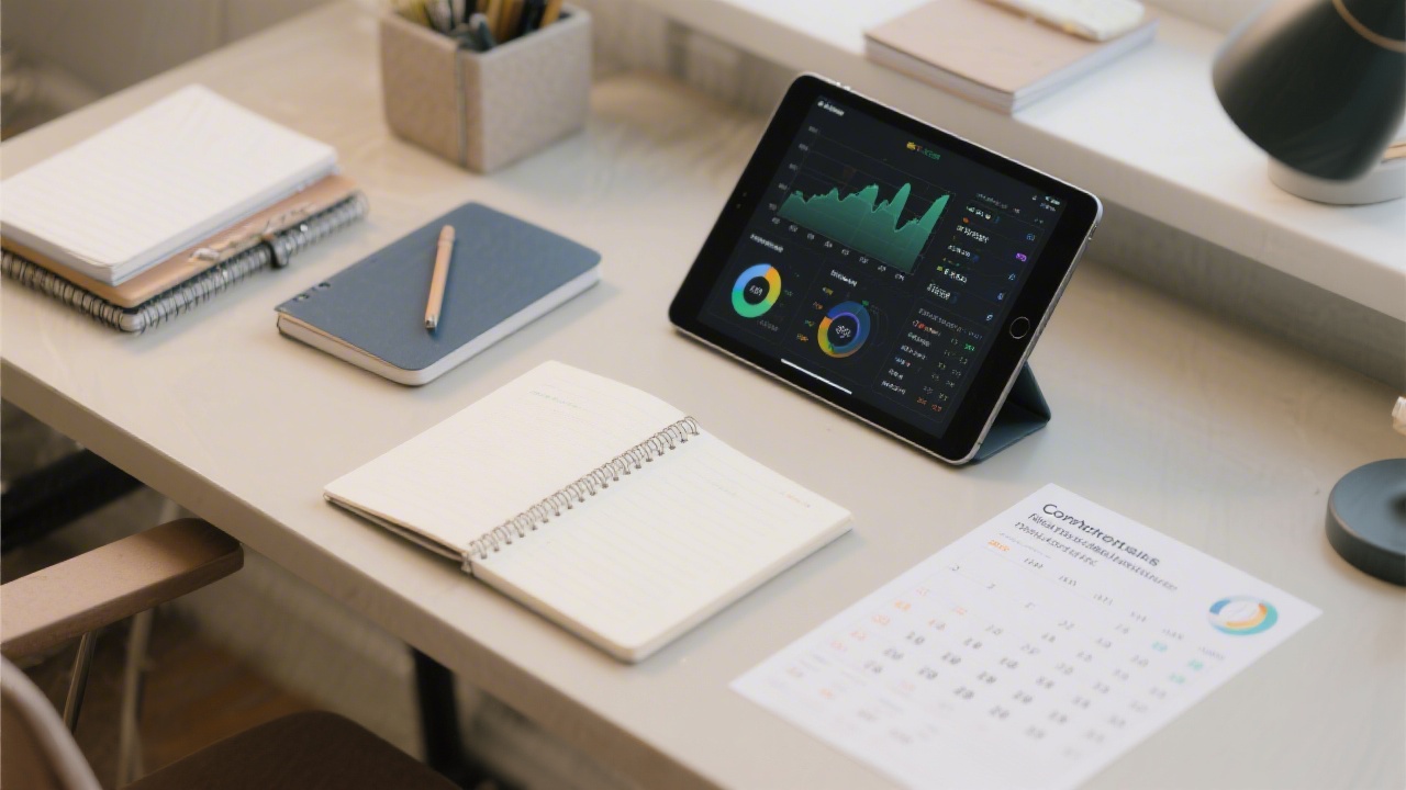 Editorial style desk scene with notebooks, a tablet showing analytics dashboards, and printed content calendars, representing a structured curriculum for data-aware marketing execution.